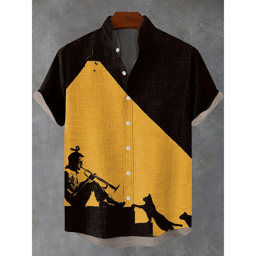 Men's Lightweight Shirt - Black & Mustard-Yellow Geometric Cat Art Print Button-Up - Stand-Up Collar Casual Beach Vacation Outfit - Machine Washable Summer Blouse for Everyday & Formal Events, Beach Clothes, Nontransparent Fabric