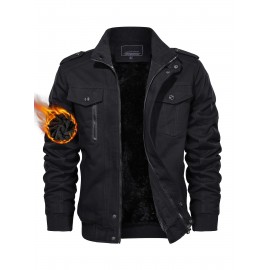 Men's Winter Fleece-Lined Cargo Jacket - Windproof Stand Collar Zipper Jacket with Ribbed Cuffs, Multi-Pockets & Soft Shell for Fall Winter Daily Wear, Outdoor Hiking Camping