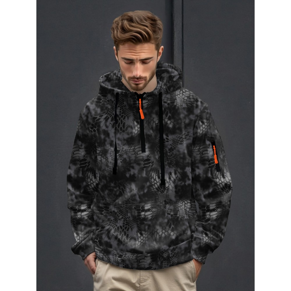 [Heavyweight Camo Hoodie] Heavyweight 290g Men's Camo Print Zip-Up Hoodie | Long Sleeve Pullover with Pockets, Black & Gray Snake Design, Casual Style, Outdoor Sports Wear | Camouflage Print Hoodie | Durable Outdoor Apparel