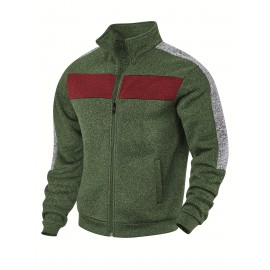 [Men's Color-Block Jacket] Color-Block Men's Knit Zip-Up Jacket | Regular Fit, Contrast Collar, Striped Design, Full-Zip Front, Ribbed Cuffs, Durable Fabric, Everyday Comfort Wear, Casual Outerwear