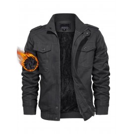 Men's Winter Fleece-Lined Cargo Jacket - Windproof Stand Collar Zipper Jacket with Ribbed Cuffs, Multi-Pockets & Soft Shell for Fall Winter Daily Wear, Outdoor Hiking Camping